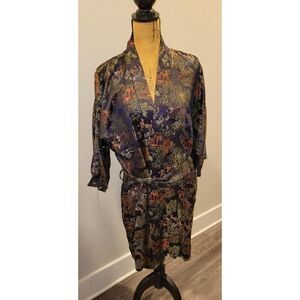 Vtg LA Parfait Chinese Floral Jacket Kimono Robe Black Medium